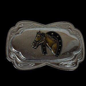 Vintage Silver Tone Western Belt Buckle Horse Horseshoe Country Equestrian Ornat